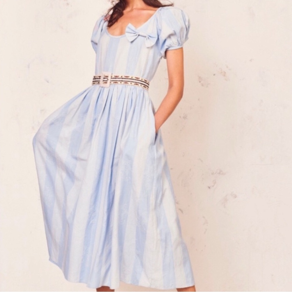 Loveshackfancy Blue stripe puff sleeve midi dress - 4